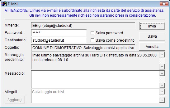 Invio salvataggio tramite e-mail